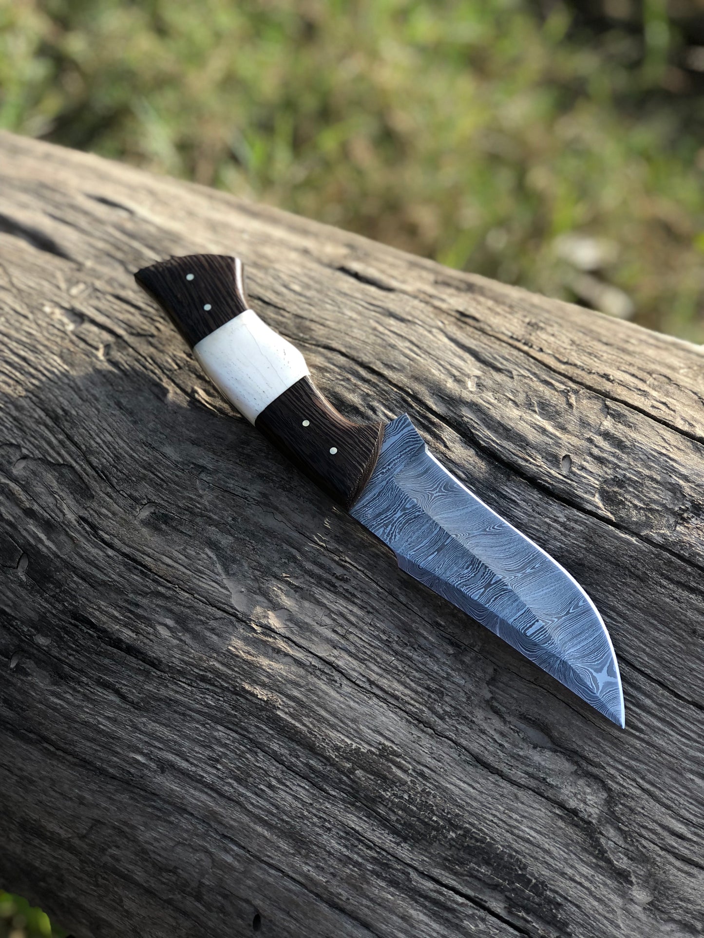 The Wilderness Elite: 10.5-Inch Hunting Knife with Full Tang Damascus Steel Blade, Bone and Wenge Wood Handle