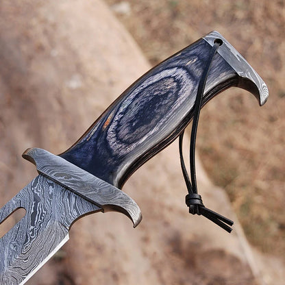 Custom Handmade Damascus Steel Rambo Bowie Knife with Brass Wood Handle and Leather Sheath”