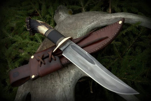 Custom Handmade J2 Steel Acid Wash Bowie Knife with Stag Crown, Rosewood Handle, and Leather Sheath”