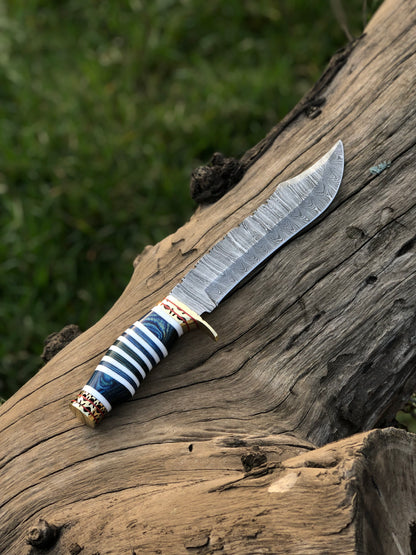 The Masterpiece Bowie: 14-Inch Damascus Steel Bowie Knife with Exotic Pakka Wood, Bone, Brass Guard, and Spacers