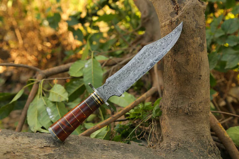 Custom handmade Damascus steel Bowie knife with a Damascus steel guard, rosewood, and brass handle, including a leather sheath.