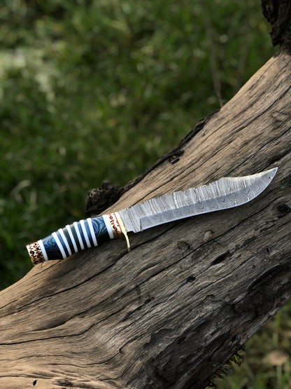 The Masterpiece Bowie: 14-Inch Damascus Steel Bowie Knife with Exotic Pakka Wood, Bone, Brass Guard, and Spacers