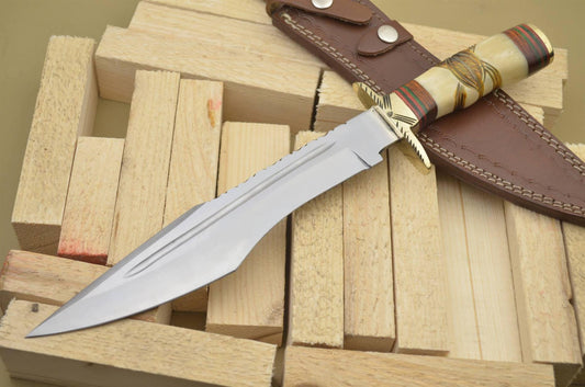 Custom Handmade J2 Steel Bowie Knife with Bone Handle and Brass Guard, 16-inch Overall Length, with Leather Sheath”
