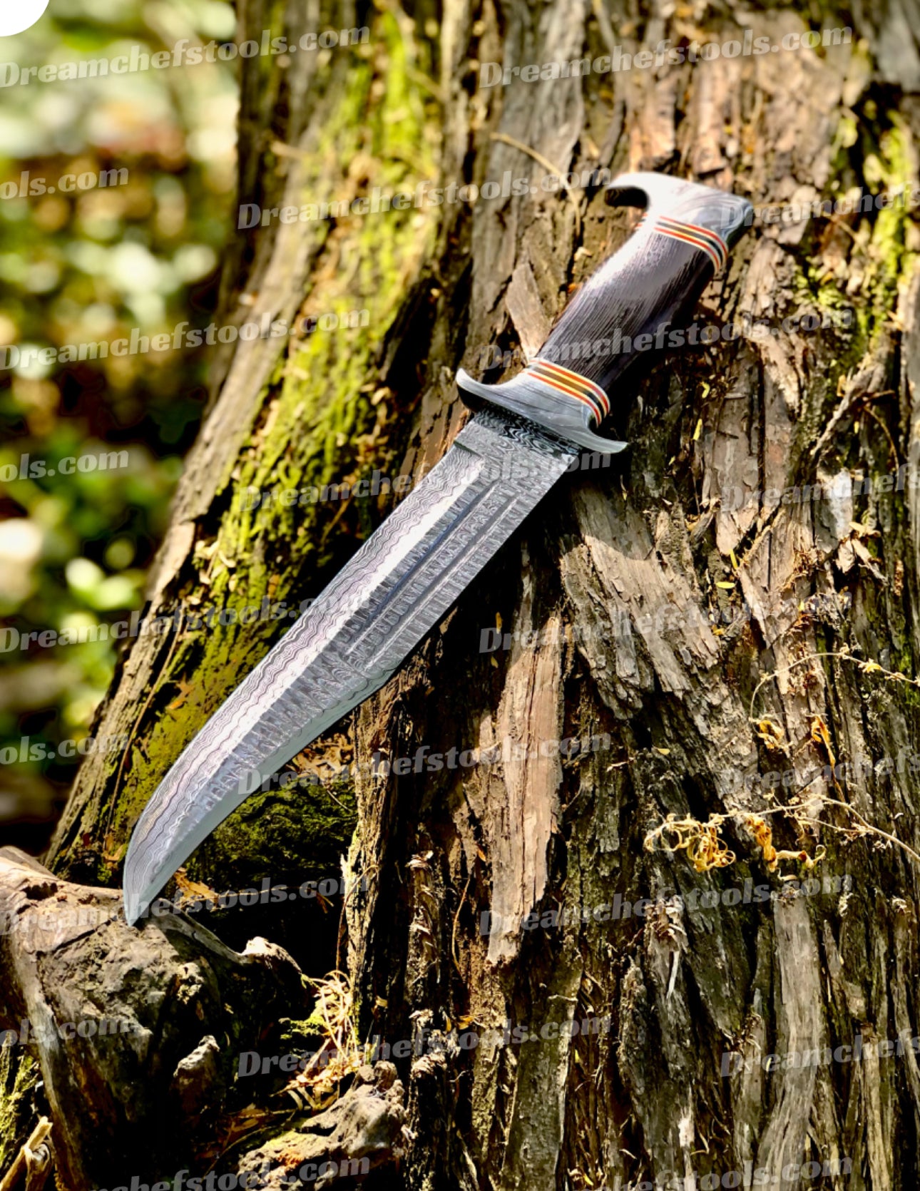 Best 15" Bowie Knife featuring a Damascus steel blade, colored bone handle, and leather sheath