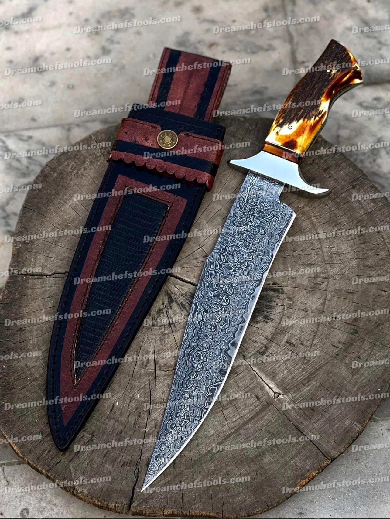 Best Custom Handmade 15" Damascus Steel Bowie Knife with antler horn handle and leather sheath