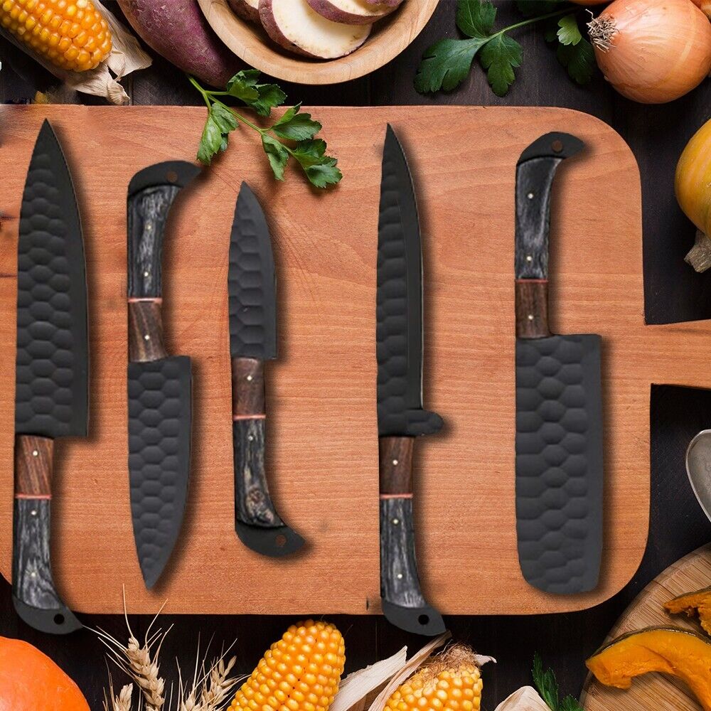 Blue knife featuring hand-forged D2 steel blade and pakka wood handle, ideal for outdoor use