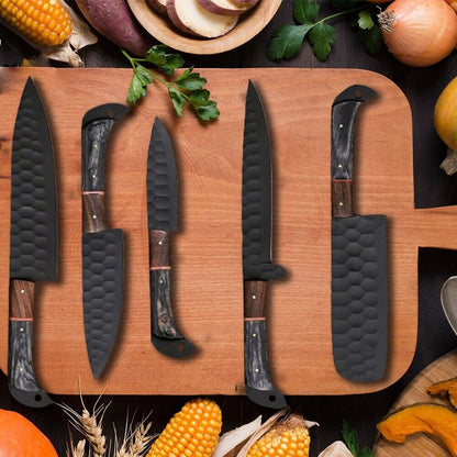 Blue knife featuring hand-forged D2 steel blade and pakka wood handle, ideal for outdoor use