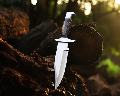 13-inch J2 steel Bowie knife featuring a vibrant bone handle, steel guard for hand protection, and a leather sheath for secure storage.