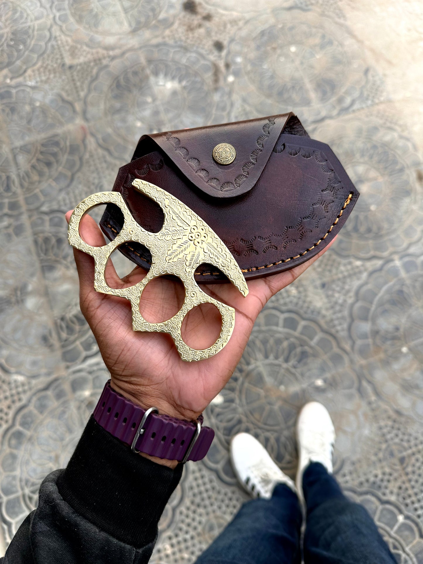 Brass Engraved Knuckles with Belt Loop Leather Case for Everyday Carry