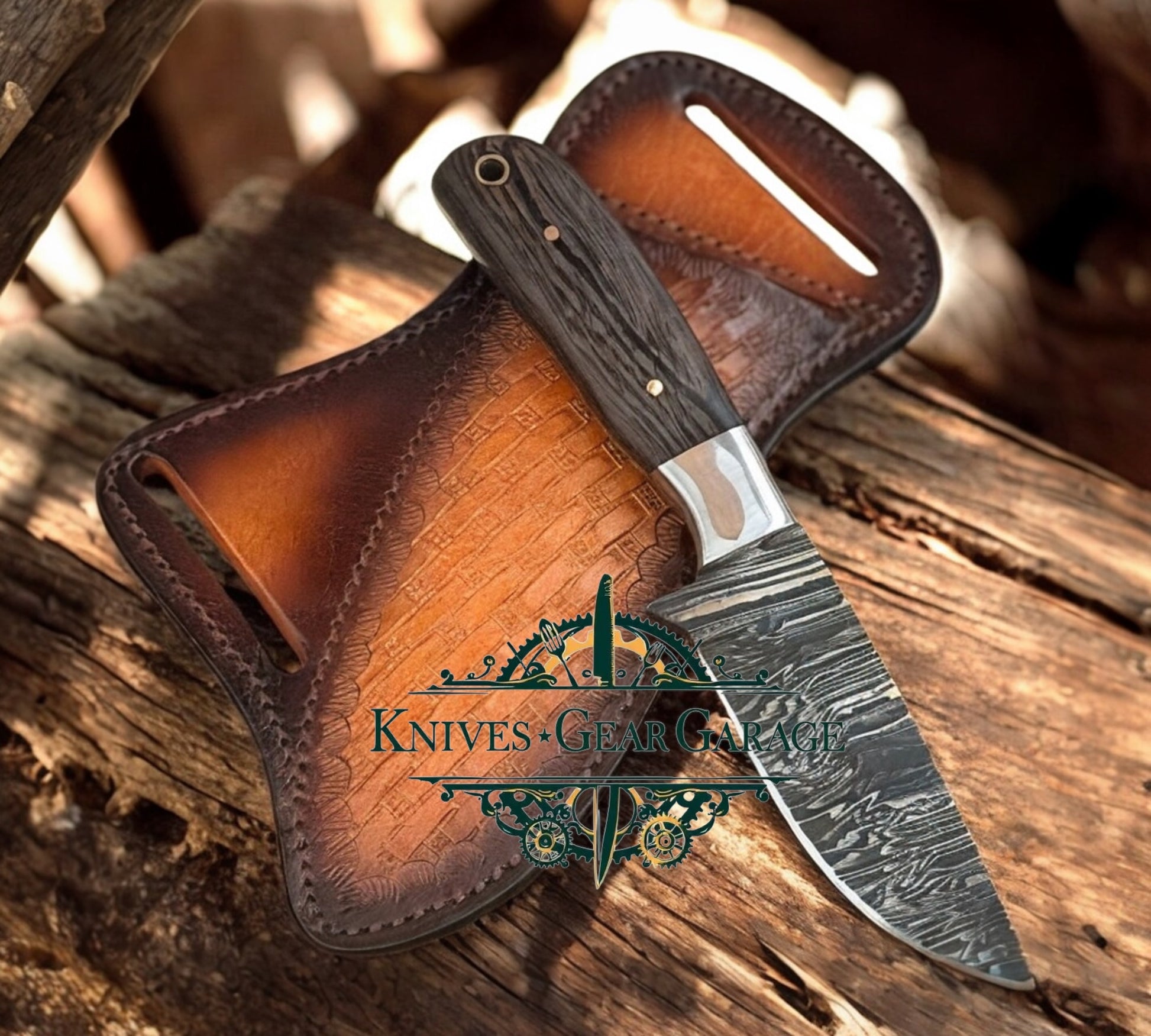 Western Knife & Sheath Set – 3.75" Fire Damascus Blade with Wenge Wood Handle