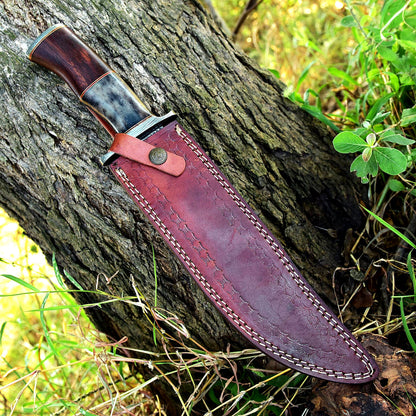 Close-up of the Damascus steel blade on a 16-inch Bowie knife with a distinctive pattern