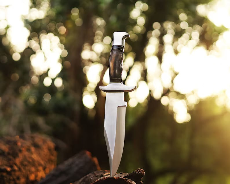 Custom Handmade J2 Steel Bowie Knife – 13-Inch Blade with Colorful Bone Handle & Steel Guard, Includes Leather Sheath