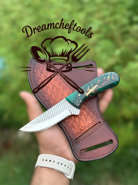 Cowboy Knife – Rasp Tool Steel Blade with Green Epoxy Pine Cone Resin Handle & Leather Sheath

