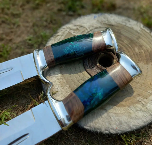 Crocodile Dundee Bowie Knife by Paul Hogan with a 16-inch 440C steel blade, olive wood and resin handle, steel guard, and beautiful leather sheath