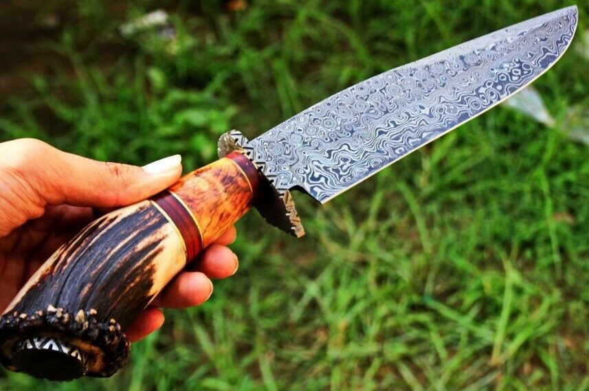 Custom 15" Damascus Steel Bowie Knife with stag horn and olive wood handle, red spacers, and Damascus guard