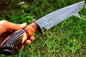Custom 15" Damascus Steel Bowie Knife with stag horn and olive wood handle, red spacers, and Damascus guard