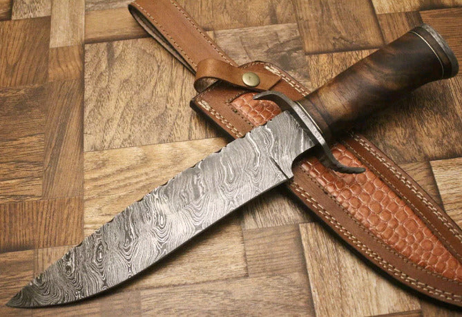 Custom Bowie Knife with Damascus Steel Blade, Rosewood Handle, and Leather Sheath, 13-Inch Overall Length