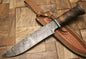 Custom Bowie Knife with Damascus Steel Blade, Rosewood Handle, and Leather Sheath, 13-Inch Overall Length