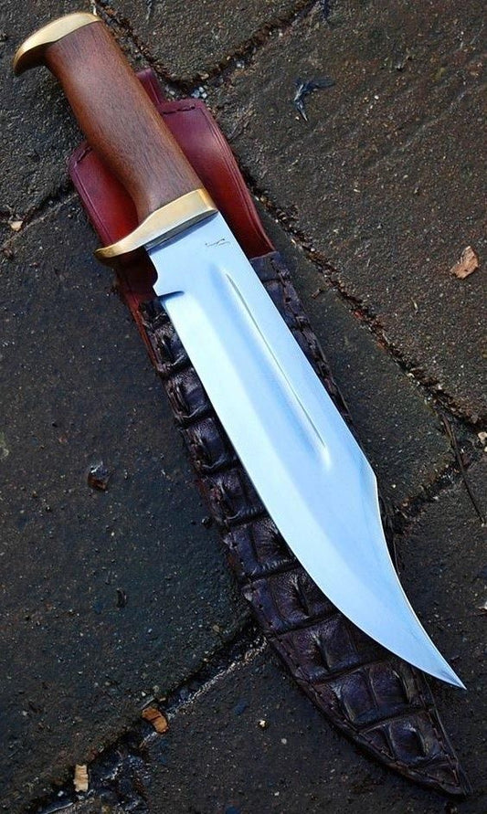 "Custom D2 Steel Bowie Knife with Rosewood Handle and Brass Guard, Includes Leather Sheath