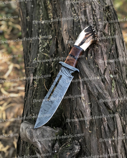 Custom Damascus Bowie Knife with Leather Sheath - 15-inch blade, full tang design, and luxurious stag crown antler and rosewood handle