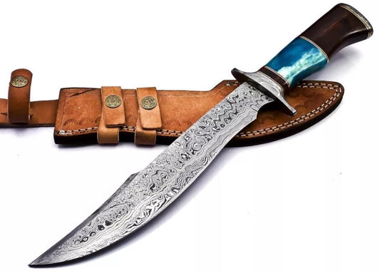 Custom Damascus Steel Bowie Knife with Color Bone & Rosewood Handle and Leather Sheath."