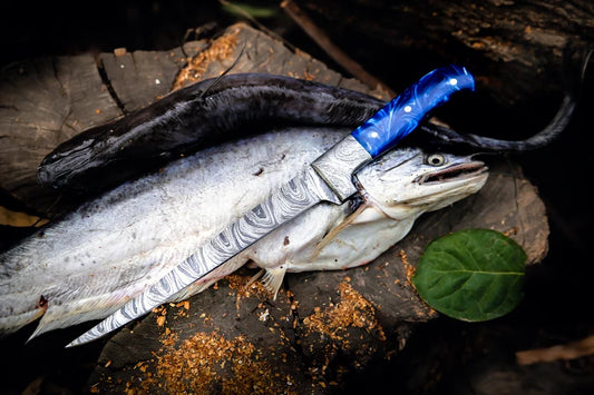 Custom Handmade 13-Inch Damascus Fillet Knife with Blue Resin Handle