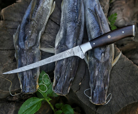 Custom Handmade 13-Inch Damascus Fillet Knife with Rosewood Handle and Steel Bolster.