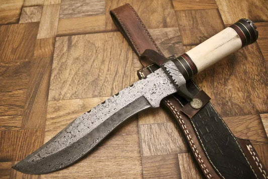  Custom Handmade 13-Inch Damascus Steel Bowie Knife with Camel Bone Handle and Damascus Guard, featuring a premium leather sheath