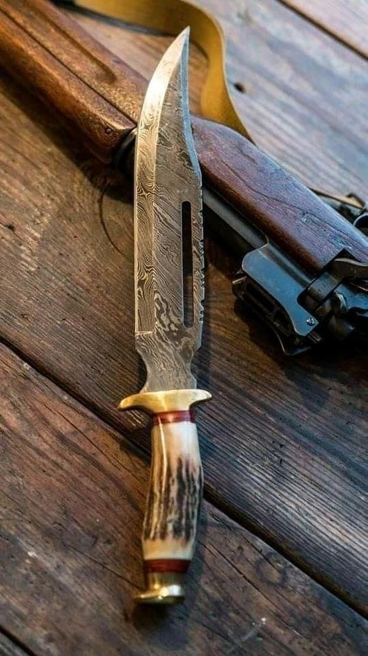 Custom Handmade 14" Damascus Steel Bowie Knife with brass guard and stag horn handle, includes leather sheath