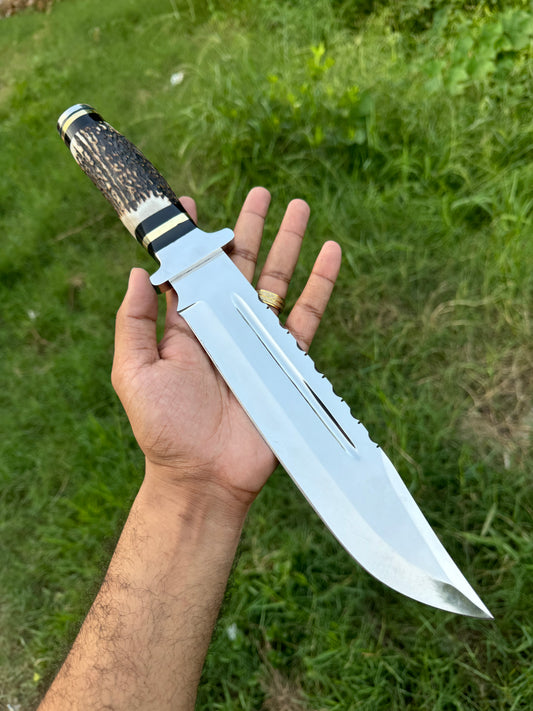 Custom Handmade 15” J2 Steel Bowie Knife with stag horn handle and steel guard, includes leather sheath