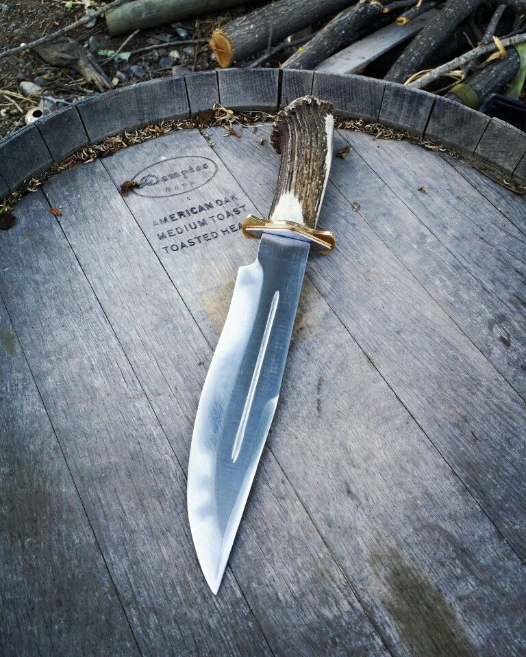 Custom Handmade 16” J2 Steel Bowie Knife with brass guard and stag handle, includes leather sheath