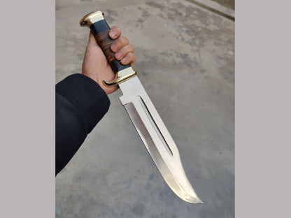 Custom Handmade 440C Steel Crocodile Dundee Bowie Knife with Brass Guard, Buffalo Horn Handle, and Leather Sheath