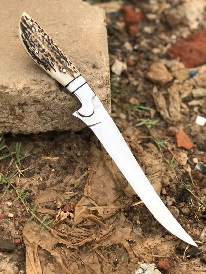 Custom Handmade D2 Steel Fishing Fillet Knife with Stag Horn Handle, Steel Bolster, and Leather Sheath