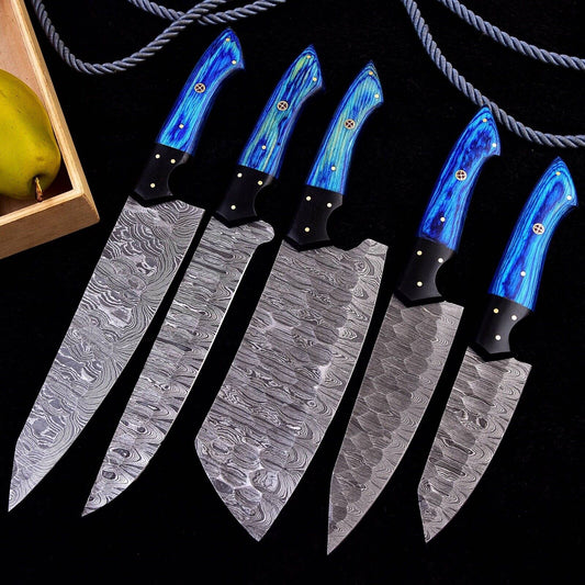 Custom Handmade Damascus Knife Set with Block showcasing hand-forged blades and resin pakkawood handles