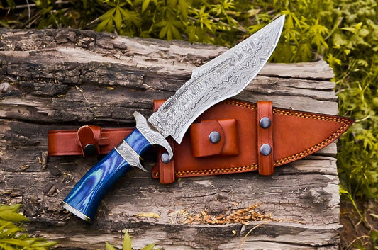 Custom Handmade Damascus Steel Bowie Knife with Pakkawood Handle and Damascus Steel Guard, 13 inches with Leather Sheath