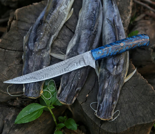 Custom Handmade Damascus Steel Fillet Knife with Aqua Resinwood Handle and Leather Sheath