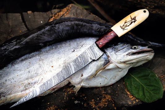 "Custom Handmade Damascus Steel Fillet Knife with Camel Bone and Rosewood Handle"