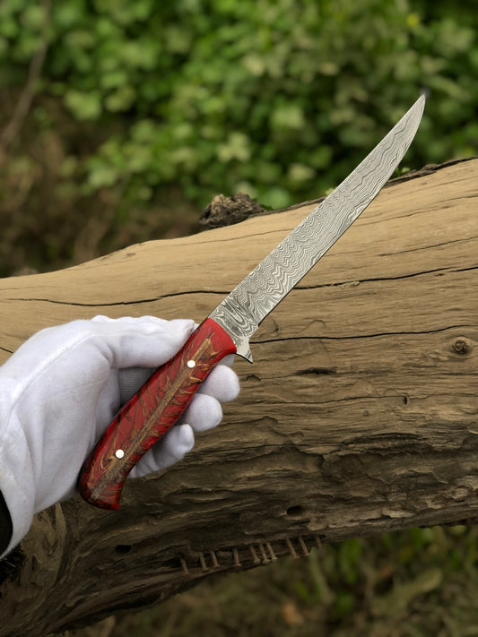 Custom Handmade Damascus Steel Fillet Knife with Epoxy Resin Pine Cone Handle