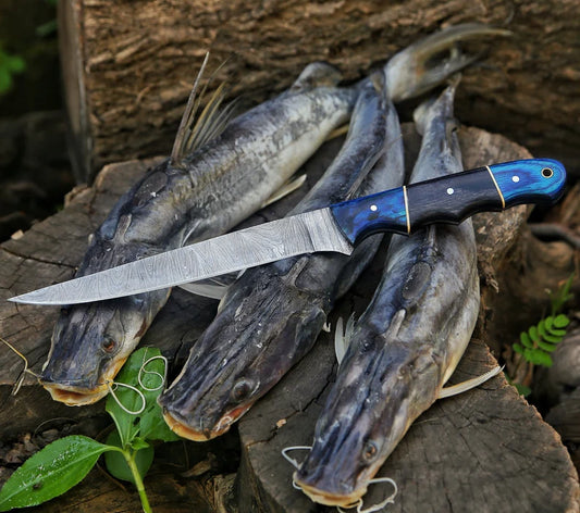 Custom Handmade Damascus Steel Fillet Knife with Pakka Wood Handle and Leather Sheath"