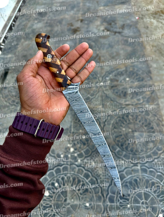 Custom Handmade Damascus Steel Fillet Knife with Rosewood and Olive Wood Handle