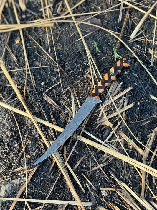 Custom Handmade Damascus Steel Fishing Fillet Knife - 13" Blade with Rosewood and Olive Wood Handle, Steel Bolster, Leather Sheath