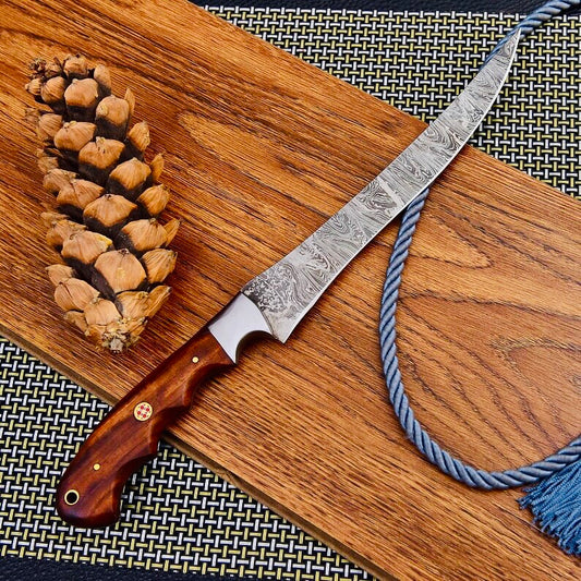Custom Handmade Damascus Steel Fishing Fillet Knife with 13-inch blade, featuring a rosewood handle and steel bolster, displayed with a leather sheath