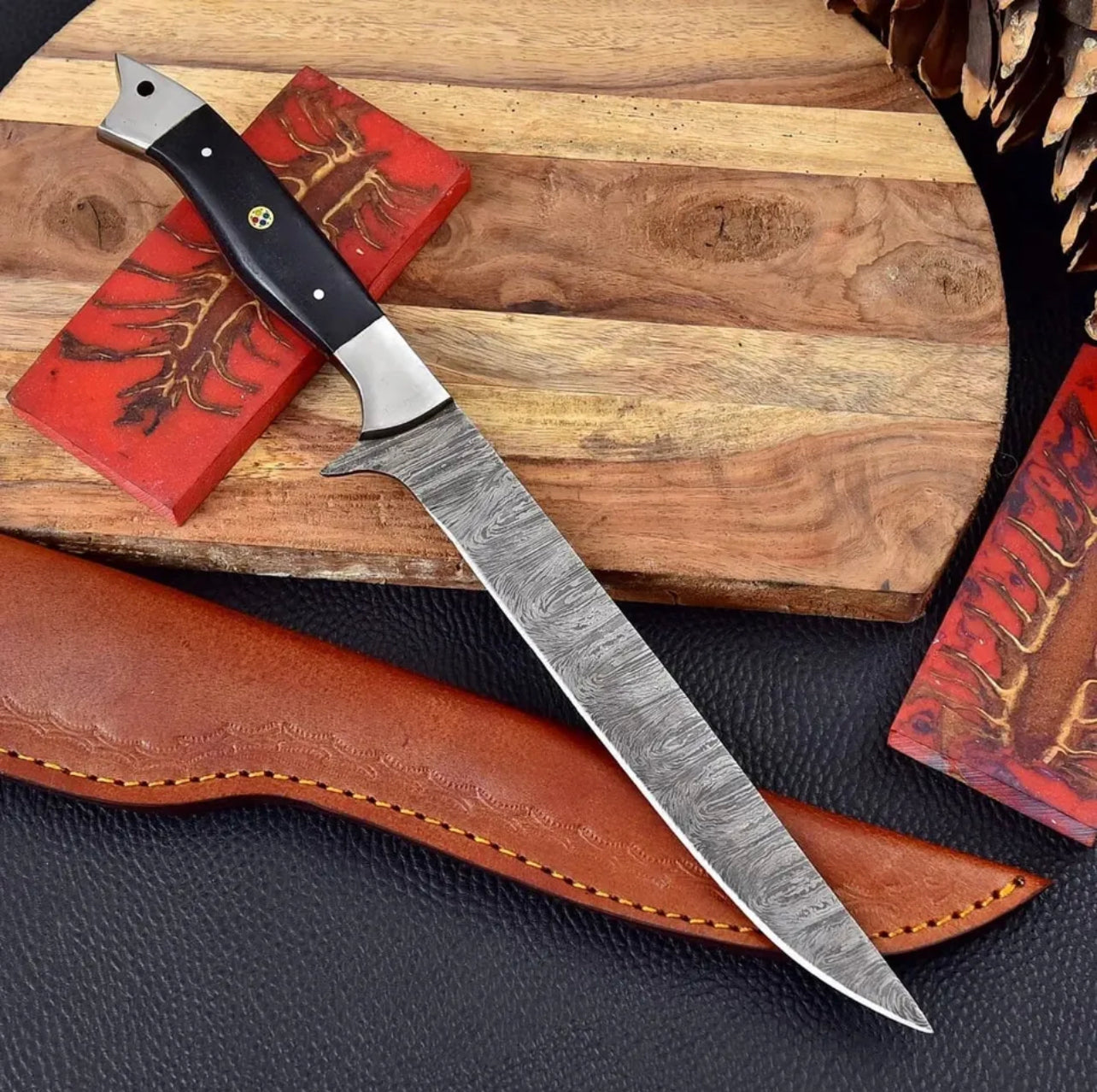Custom Handmade Damascus Steel Fishing Fillet Knife with 13" Blade, Buffalo Horn Handle, Steel Bolster, and Leather Sheath