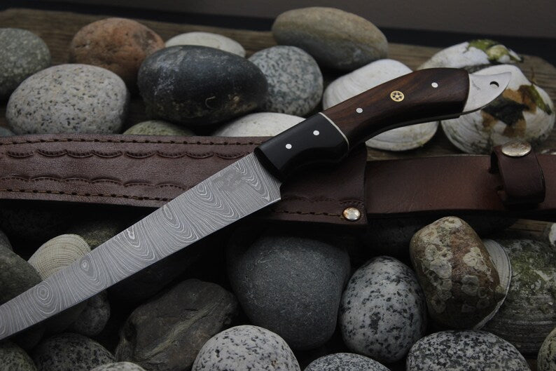 Custom Handmade Damascus Steel Fishing Fillet Knife 13" – Buffalo Horn & Rosewood Handle | Best Flexible Fillet Knife with Leather Sheath