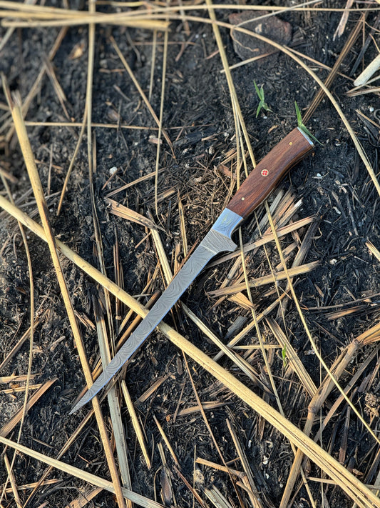 Custom Handmade Damascus Steel Fishing Fillet Knife with 13" Blade, Rosewood Handle, Steel Bolster, and Leather Sheath