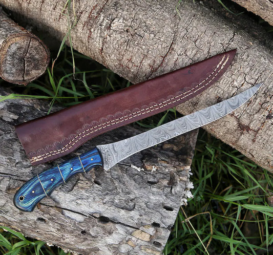 Custom Handmade Damascus Steel Fishing Fillet Knife with 13" Blade and Pakka Wood Handle, Leather Sheath Included