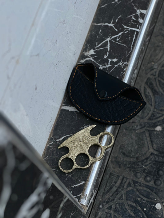 Custom Handmade Engraved Brass Knuckle with Leather Sheath - Durable Self-Defense Tool”