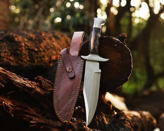 Custom Handmade J2 Steel Bowie Knife with a 13-inch blade, colorful bone handle, steel guard, and leather sheath.