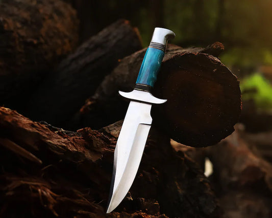 Custom Handmade J2 Steel Bowie Knife with a 13-inch blade, colorful bone handle, steel guard, and leather sheath.