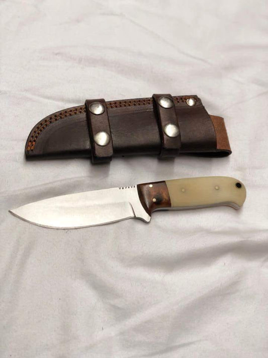 Custom Handmade J2 Steel Hunting Knife with Rosewood and Camel Bone Handle - Includes Leather Sheath